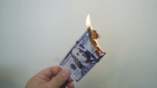 Mano che tiene una banconota da cento dollari in fiamme — Video Stock