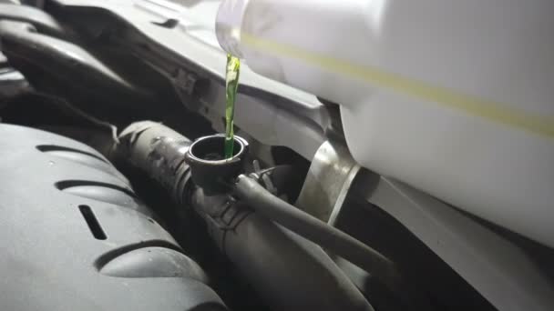 車のラジエーターに不凍液を注ぐ — ストック動画