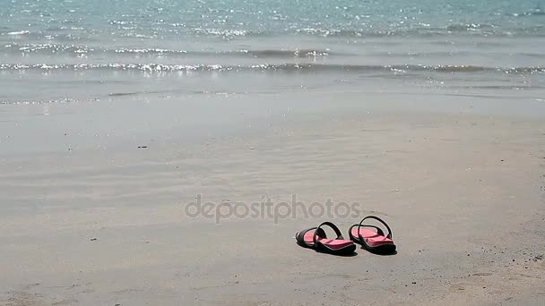 Flipflops an einem Sandstrand — Stockvideo