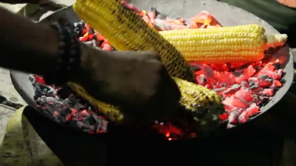 Maíz asado sobre las brasas en el oscuro primer plano — Vídeo de stock