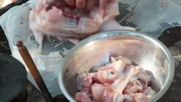 Cook versneden de kip voor de lunch — Stockvideo