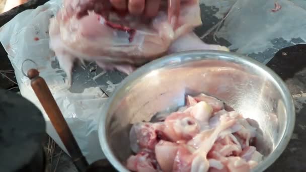 Koch zerkleinert das Huhn für das Mittagessen — Stockvideo