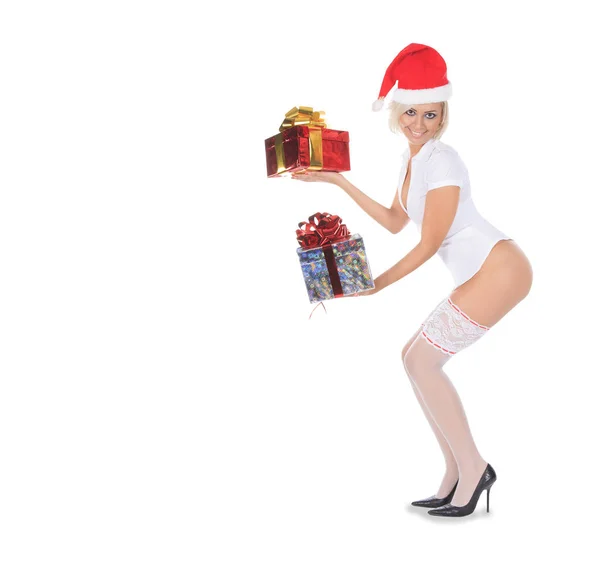 Sexy santa woman holding gift box — Stock Photo, Image