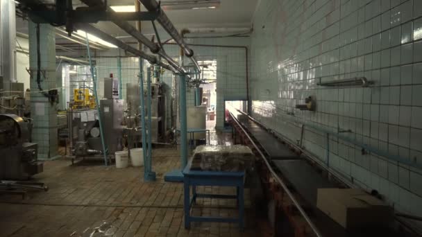 工場でベルトコンベアに段ボール箱 — ストック動画