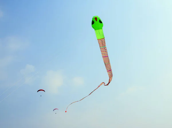 Goa India February 2016 Man Launching Big Kite Snake Blue — Stock Photo, Image