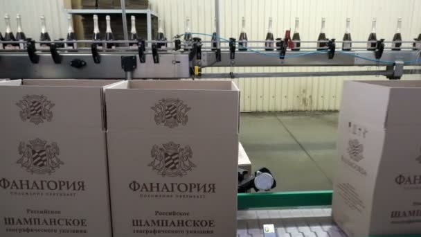 Sennoy Federação Russa Fevereiro 2018 Alimentando Caixas Papelão Vinho Tinto — Vídeo de Stock