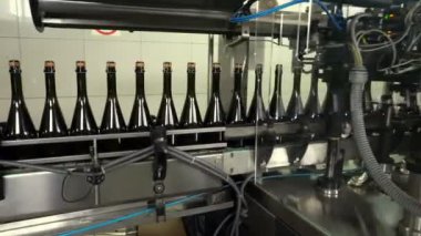 Sennoy, Rusya Federasyonu 15 Şubat 2018: şişeleme ve konveyör hattı Şarap Fabrikası'nda mühürleme