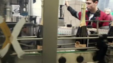 Sennoy, Rusya Federasyonu 15 Şubat 2018: şişeleme ve konveyör hattı Şarap Fabrikası'nda mühürleme