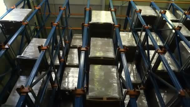 现代仓库货架上装有纸板箱的货盘装卸机的工作 — 图库视频影像
