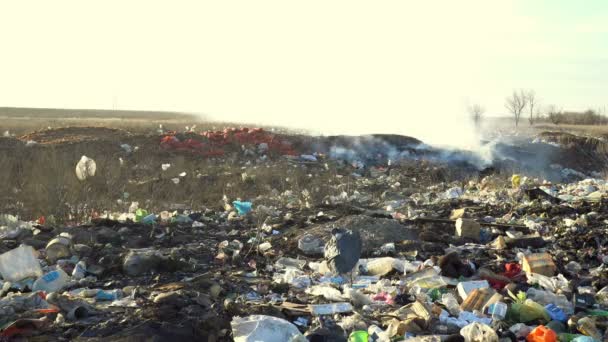 Grandi Rifiuti Discarica Con Fumo Nella Giornata Sole — Video Stock