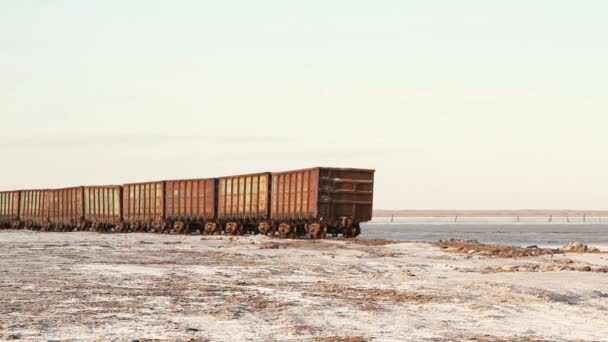 Alte Rostige Eisenbahnwaggons Mit Stalaktiten Aus Salz See — Stockvideo