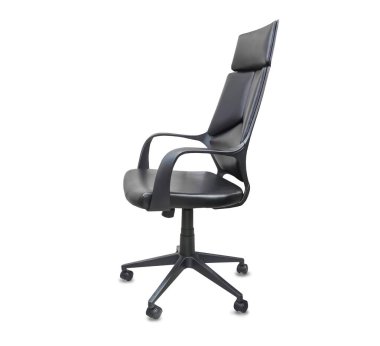 Siyah deri ofis koltuğu profil görünümü. İzole