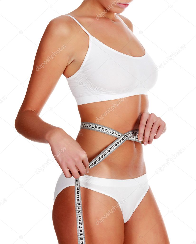 Slim woman with a tape measure, isolated on white background