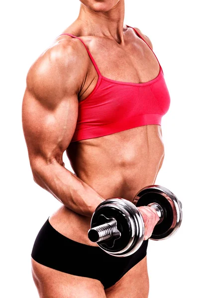 Fitness vrouw met barbell op witte achtergrond, geïsoleerd — Stockfoto