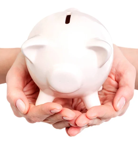 Piggy bank in woman hands — Stock Photo, Image