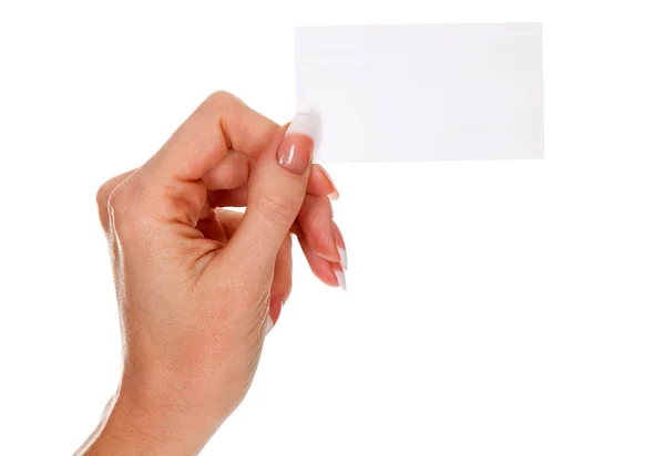 Ženská ruka drží prázdné bílé karty — Stock fotografie