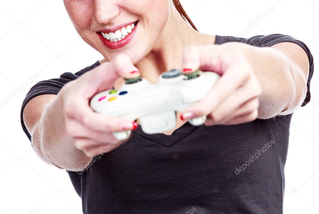 Young woman plays a videogame