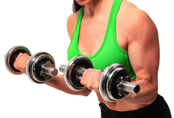Sexy young fitness woman doing workout with dumbbells, isolated — Stock Photo, Image