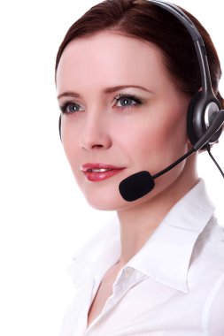 Mutlu gülümseyen dostu destek telefonu operatörü closeup çekim