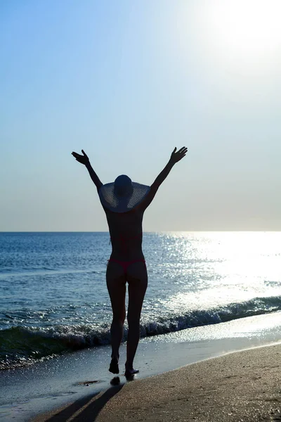 해변에 산책 하는 비키니 여자 — 스톡 사진