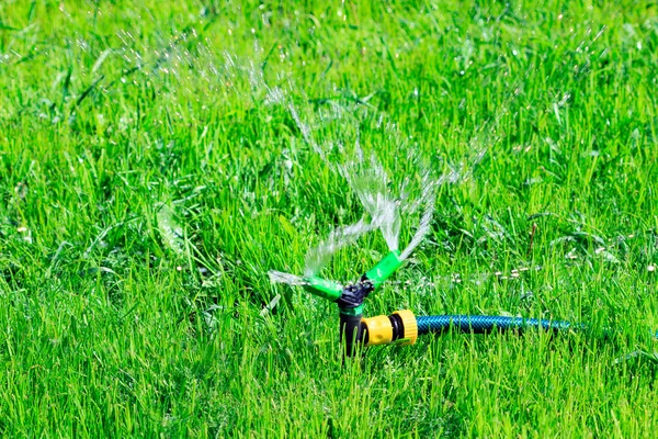 Closeup shot of lawn sprinkler spaying water over green grass field. Irrigation system