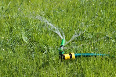 Su yeşil çim alanın üzerine spaying çim yağmurlama closeup çekim. Sulama sistemi