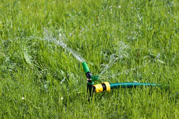 特写镜头的绿草域上喷涂水的草坪洒水器 灌溉系统 — 图库照片
