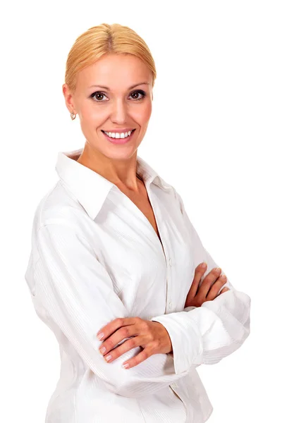 Mulher sorridente em camisa branca, isolada sobre fundo branco — Fotografia de Stock
