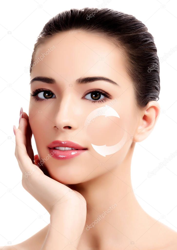 Young woman's face, antiaging concept, isolated on white background