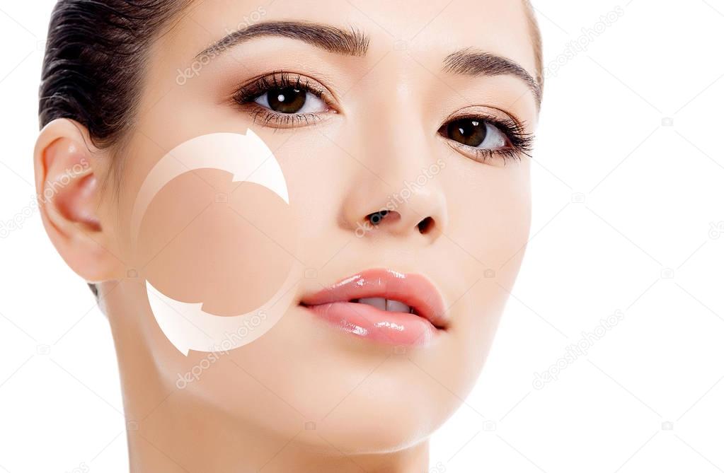 Young woman's face, antiaging concept, isolated on white background