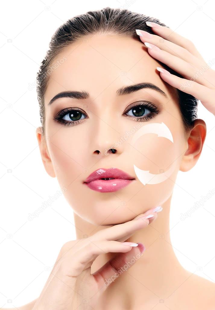 Young woman's face, antiaging concept, isolated on white background