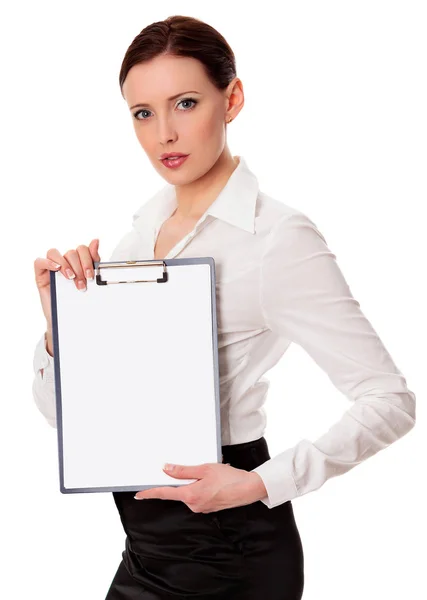 Бизнесвумен держит планшет с копирайтом, изолированный на белом фоне — стоковое фото