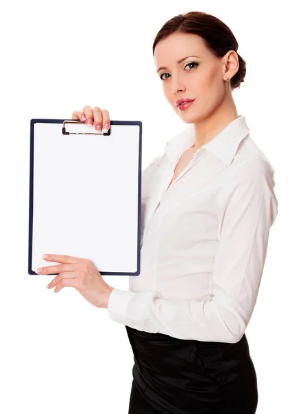 Businesswoman holding a clipboard with copyspace, isolated on white background — Stock Photo, Image