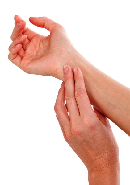 Primer plano del pulso de la mano femenina, aislado sobre fondo blanco . —  Fotos de Stock