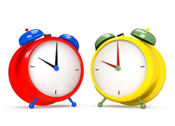 Dois relógios de alarme coloridos no fundo branco. Renderização 3D — Fotografia de Stock
