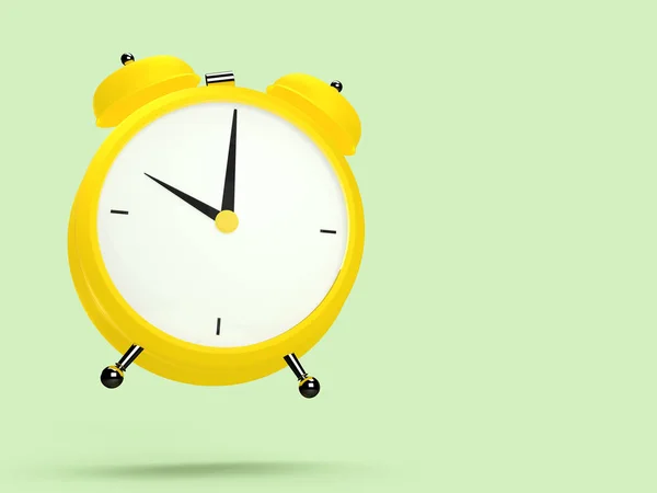 Vista de primer plano del colorido reloj despertador sobre fondo verde claro. 10 en punto, am o pm. Renderizado 3D — Foto de Stock