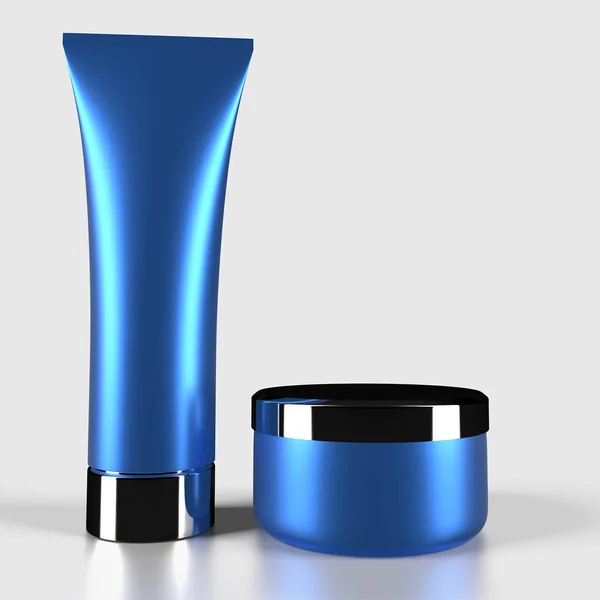 Blaue Röhre und Glas mit Kosmetik. 3D-Darstellung — Stockfoto