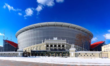Yekaterinburg, Rusya 09 Mart 2018. 2018 Dünya Şampiyonası futbol (futbol için yeni stadyum inşaatı). 