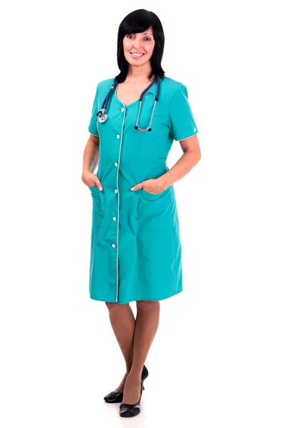Mosolyogva vezető orvos Nő sztetoszkóp, elszigetelt fehér background. — Stock Fotó