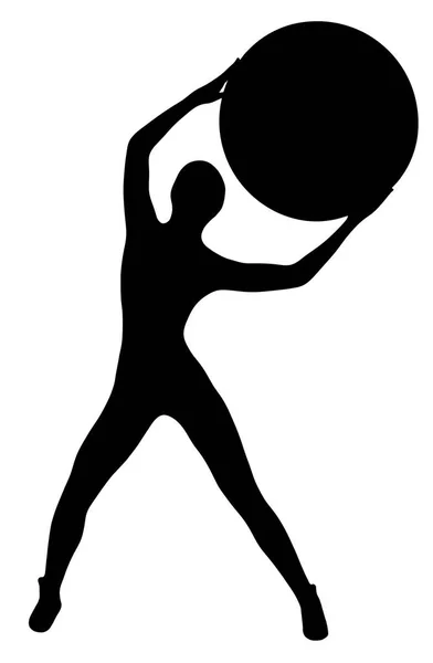 Black silhouette of slim sports woman with big ball, isolated on white — Stock Photo, Image