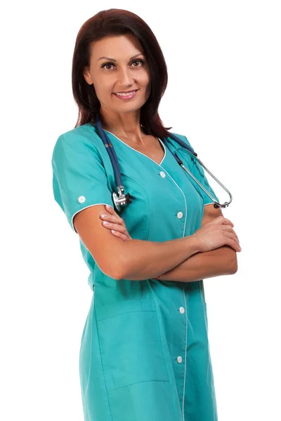 Доктор жінка посміхається над ізольованим білим тлом — стокове фото