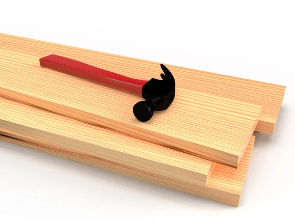 木製の板とハンマー 3Dレンダリング — ストック写真