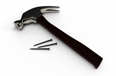 Beyaz yüzeyde çekiç ve çiviler. 3B görüntüleme