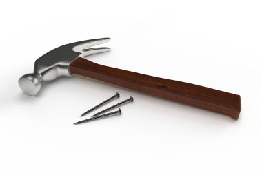 Hammer and nails on white surface. 3D rendering clipart