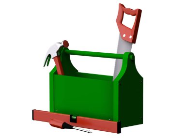 Çekiç, tornavida ve el testereli alet çantası.