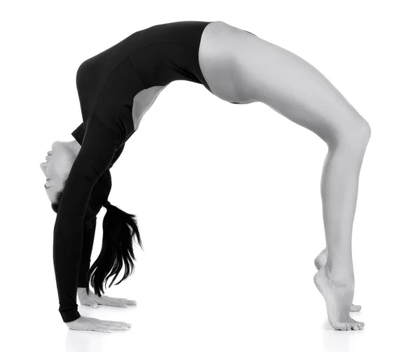 Vacker Kvinna Bridge Yoga Pose Vit Bakgrund — Stockfoto