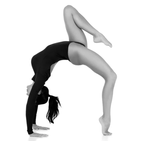 Donna Magra Che Pratica Yoga Isolata Sfondo Bianco — Foto Stock