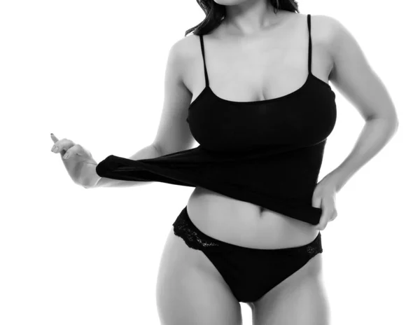 Vrouw Met Sexy Lichaam Poseren Tegen Een Witte Achtergrond Geïsoleerd — Stockfoto