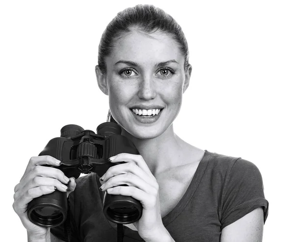 Šťastná Mladá Žena Dalekohledem Izolované Bílém Pozadí — Stock fotografie
