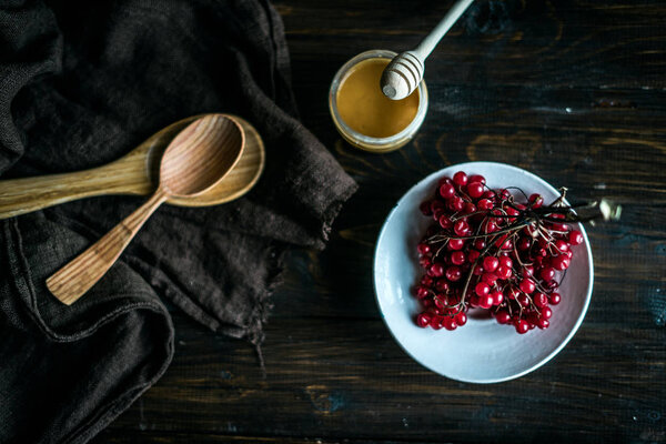 Viburnum with  honey on   table background